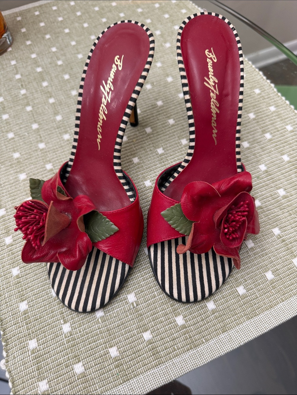Beverly Feldman Red Floral Open-Toe Slide Heels with Striped Footbed